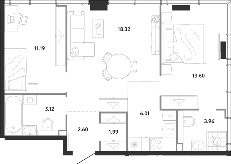 Планировка двухкомнатная 62.79 м² в ЖК «Ридж», корпус 1
