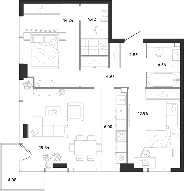 Планировка двухкомнатная 73.62 м² в ЖК «Ридж», корпус 1