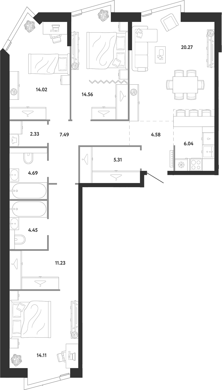 Планировка трёхкомнатная 109.08 м² в ЖК «Ридж», корпус 1