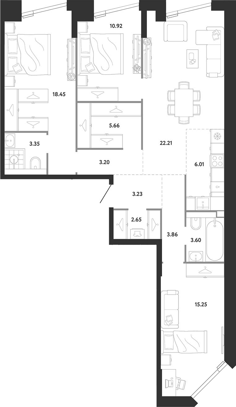 Планировка трёхкомнатная 98.39 м² в ЖК «Ридж», корпус 1
