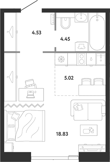 Планировка Студии 32.83 м² в ЖК «Ридж», корпус 1