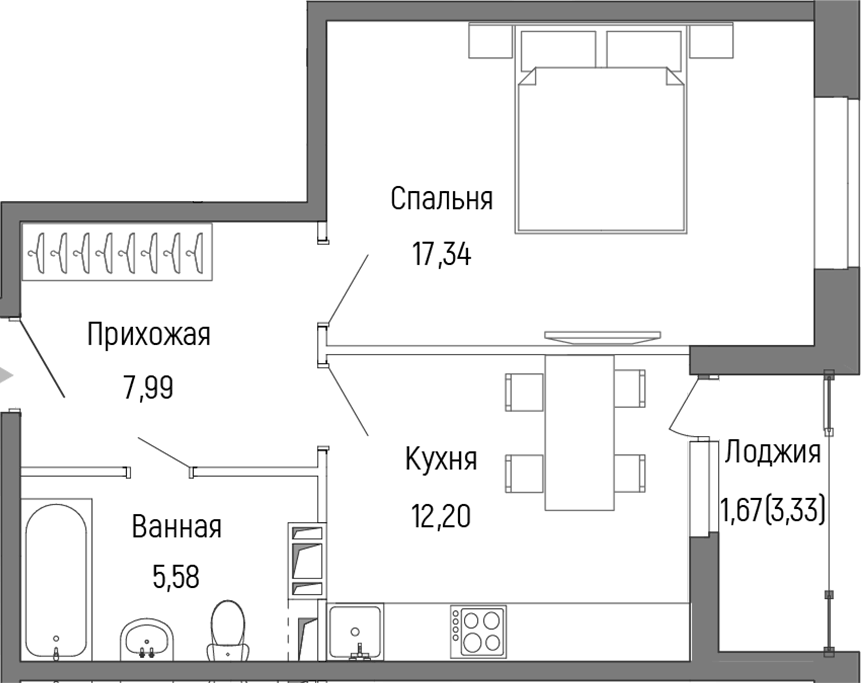 Планировка однокомнатная 44.78 м² в ЖК «Рига Хиллс», корпус 2