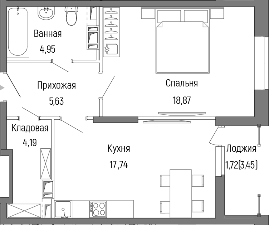 Планировка однокомнатная 53.1 м² в ЖК «Рига Хиллс», корпус 2
