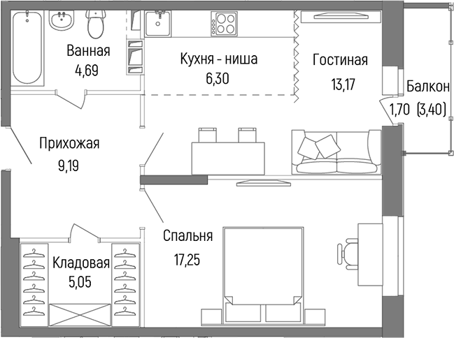 Планировка евродвушка (2Е) 56.67 м² в ЖК «Рига Хиллс», корпус 1