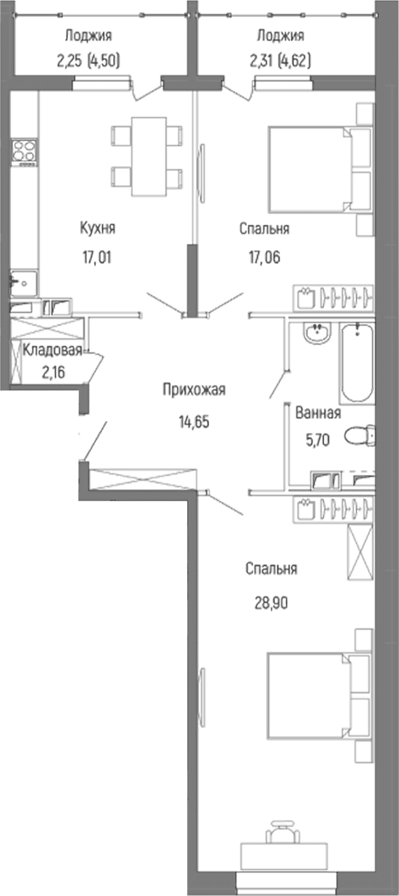 Планировка двухкомнатная 90.04 м² в ЖК «Рига Хиллс», корпус 1