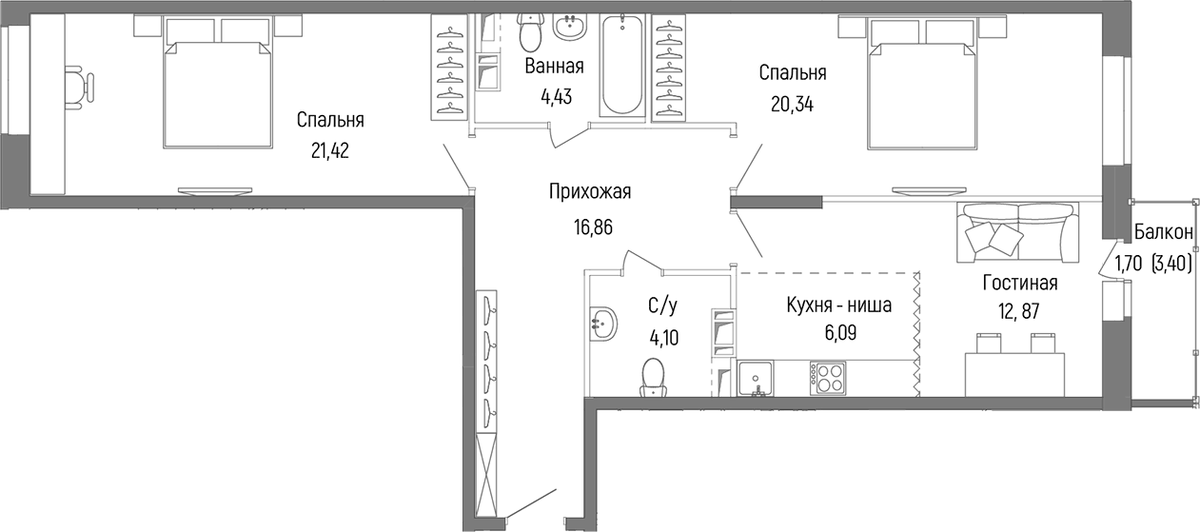 Планировка евротрёшка (3Е) 87.13 м² в ЖК «Рига Хиллс», корпус 1