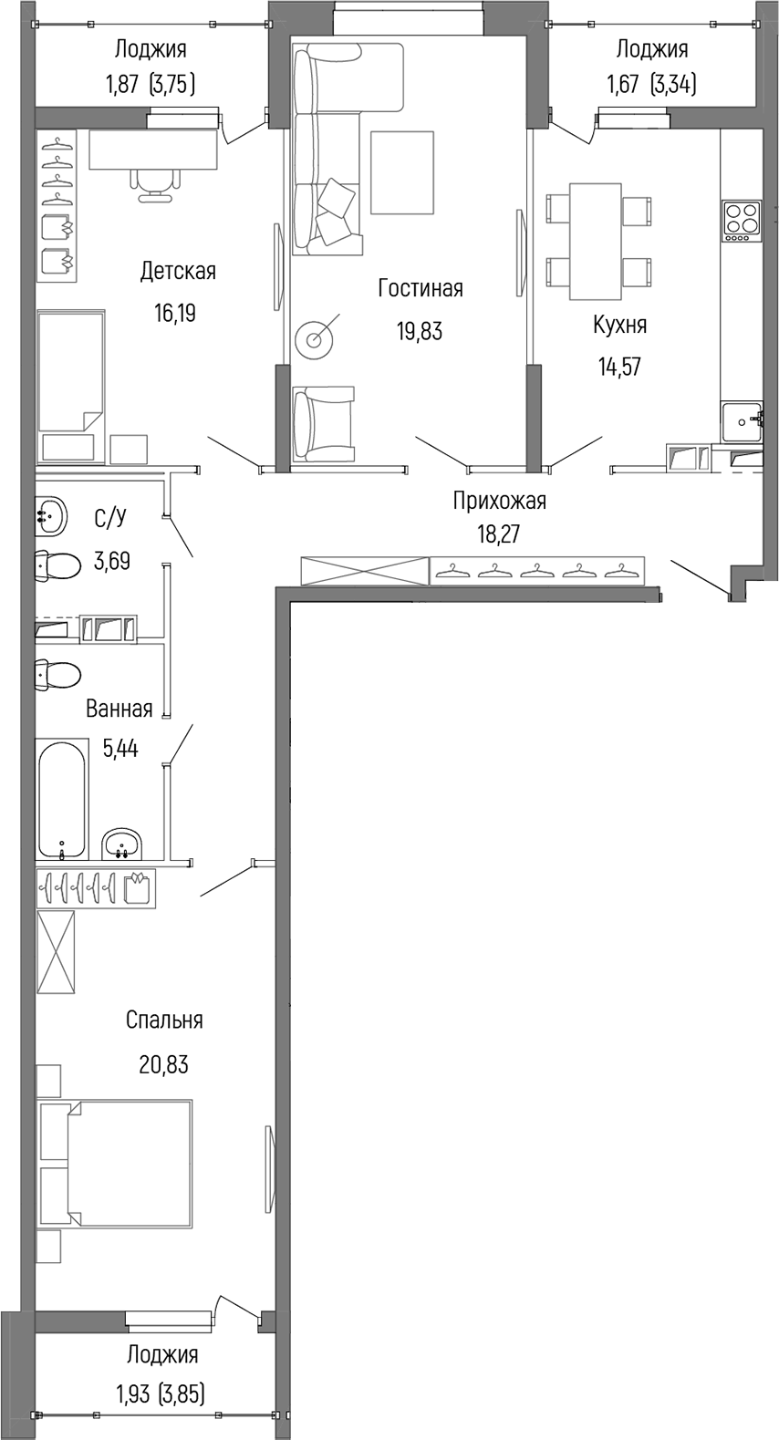 Планировка трёхкомнатная 104.3 м² в ЖК «Рига Хиллс», корпус 1