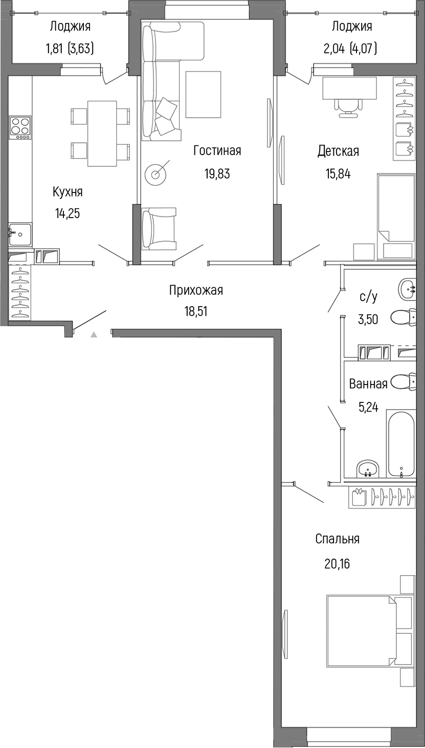 Планировка трёхкомнатная 98.5 м² в ЖК «Рига Хиллс», корпус 2
