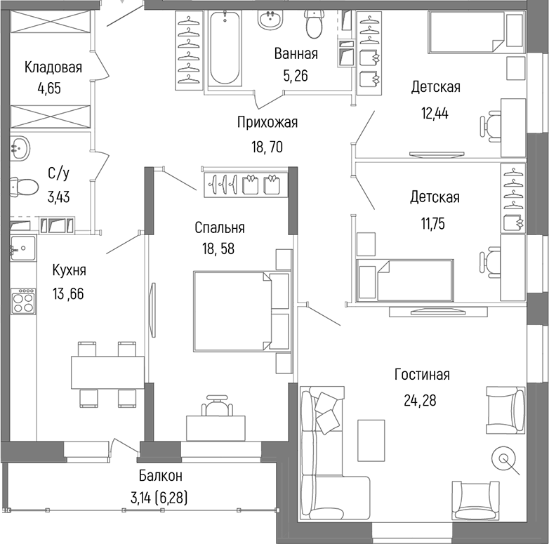 Планировка четырёхкомнатная 115.89 м² в ЖК «Рига Хиллс», корпус 1