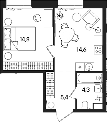 Планировка однокомнатная 39.1 м² в ЖК «СТОУН Райз», корпус B