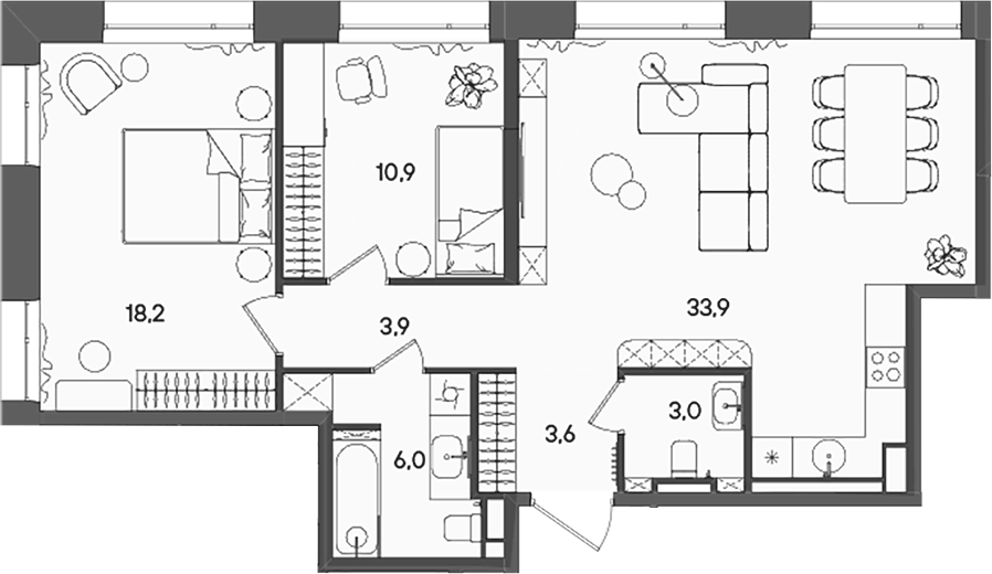 Планировка евротрёшка (3Е) 79.5 м² в ЖК «СТОУН Райз», корпус C
