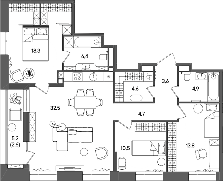 Планировка евро-4 (4Е) 101.9 м² в ЖК «СТОУН Райз», корпус C