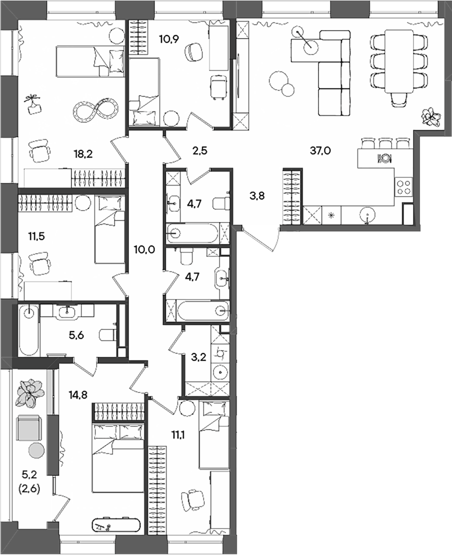 Планировка пятикомнатная 140.6 м² в ЖК «СТОУН Райз», корпус C