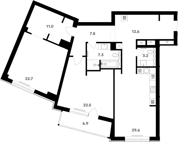 Планировка свободная планировка 122.8 м² в ЖК «RIVER HOUSE Щелково», корпус 1