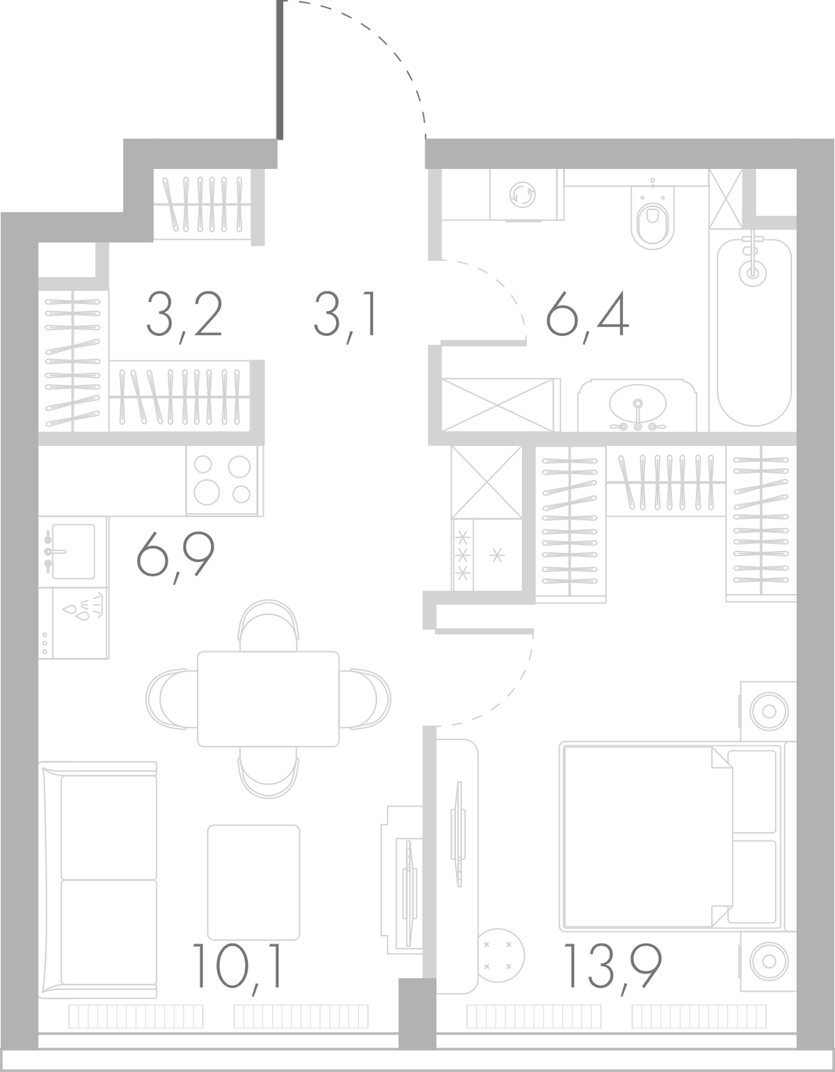 Планировка евродвушка (2Е) 42.4 м² в ЖК «Ривер Парк Кутузовский», корпус Топаз
