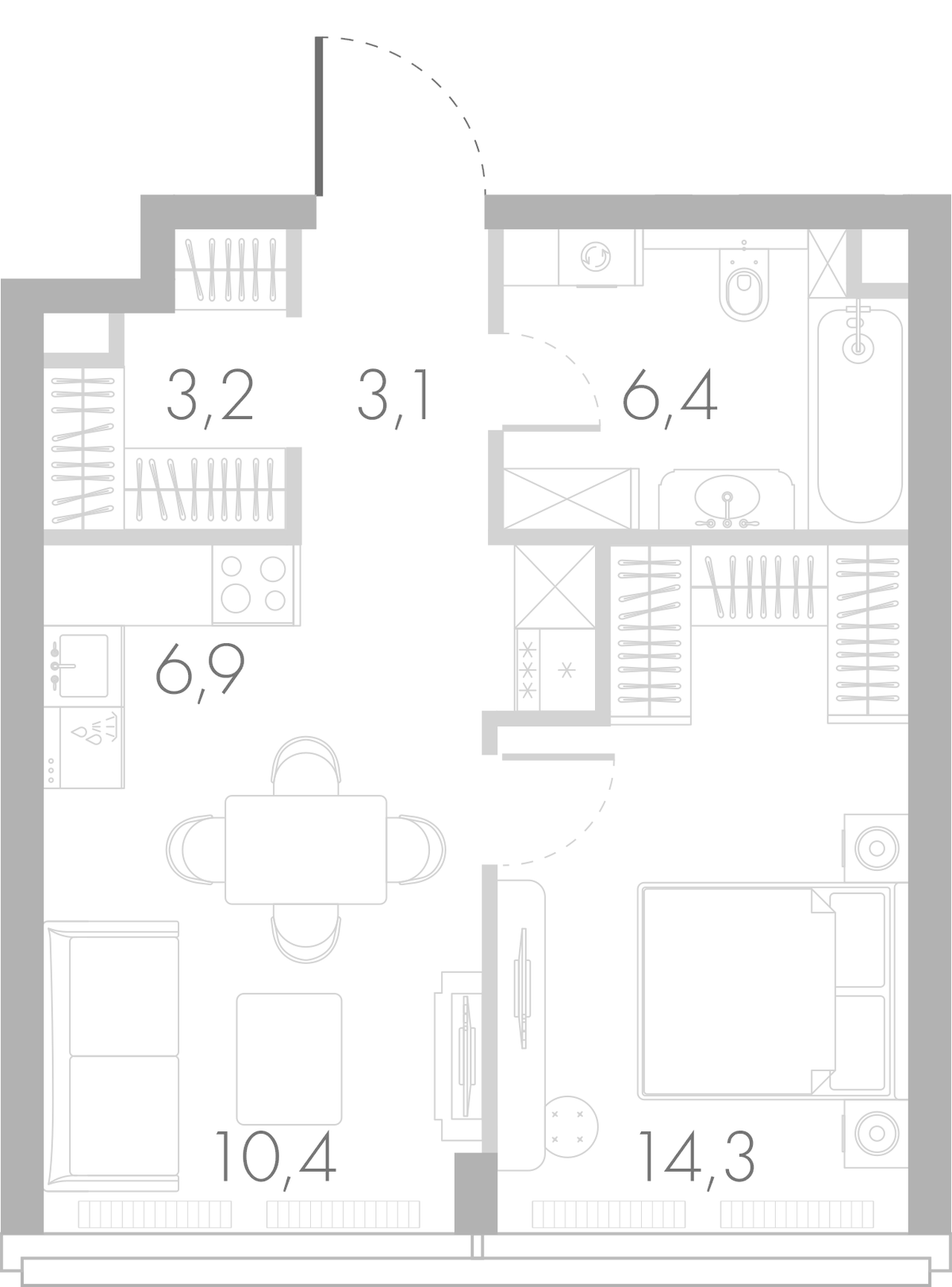 Планировка евродвушка (2Е) 44.3 м² в ЖК «Ривер Парк Кутузовский», корпус Топаз