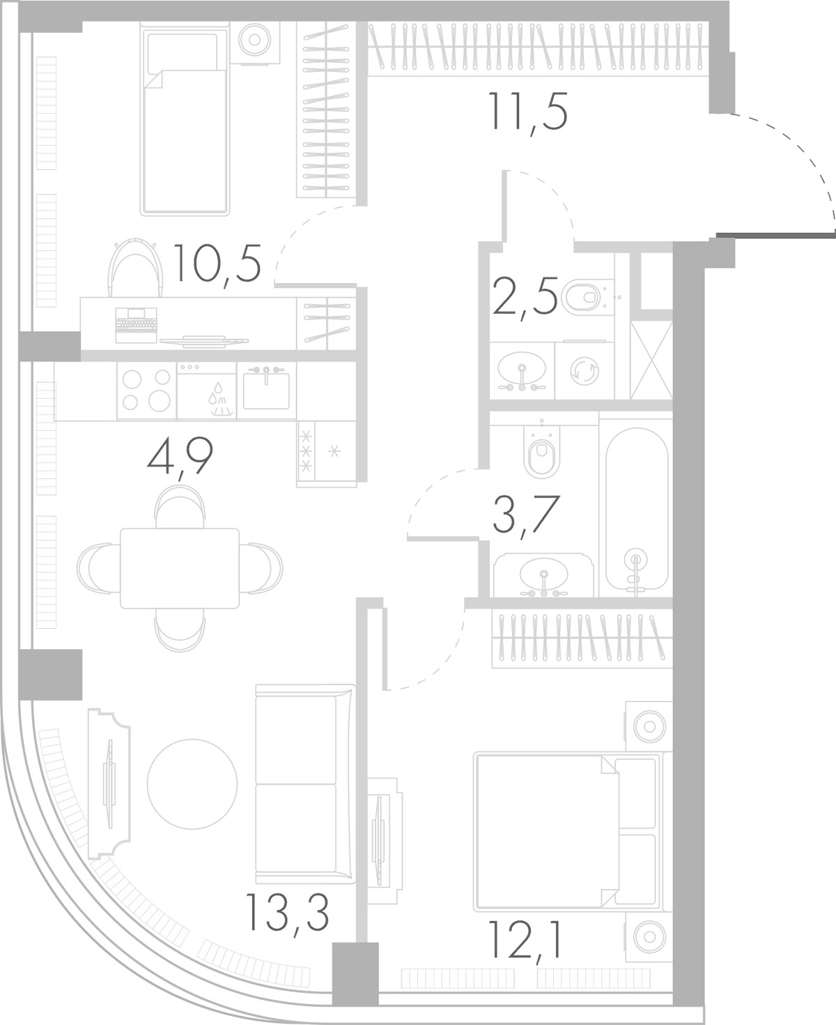 Планировка евротрёшка (3Е) 56.5 м² в ЖК «Ривер Парк Кутузовский», корпус Янтарь