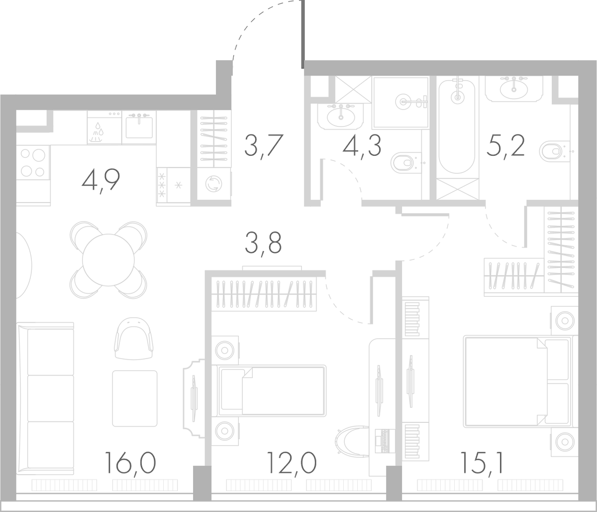 Планировка евротрёшка (3Е) 63.6 м² в ЖК «Ривер Парк Кутузовский», корпус Янтарь