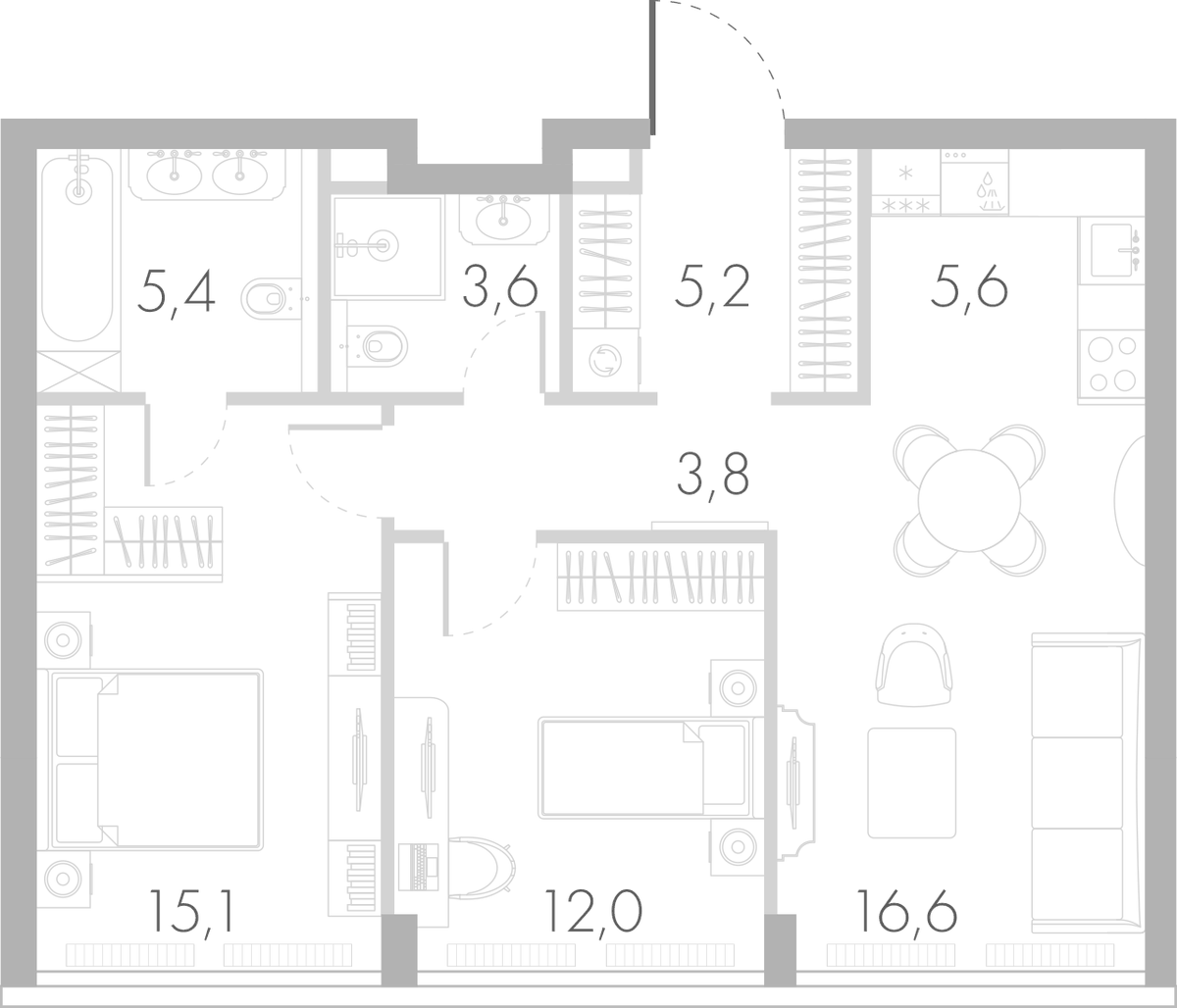 Планировка евротрёшка (3Е) 65.6 м² в ЖК «Ривер Парк Кутузовский», корпус Янтарь