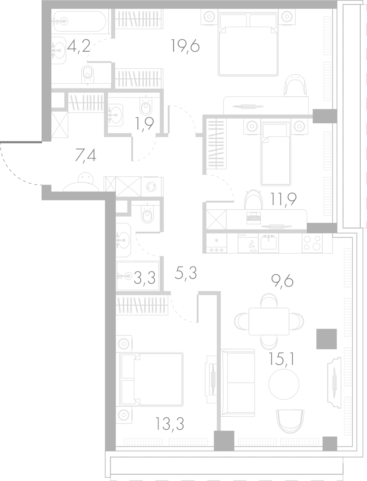 Планировка евро-4 (4Е) 89.4 м² в ЖК «Ривер Парк Кутузовский», корпус Топаз