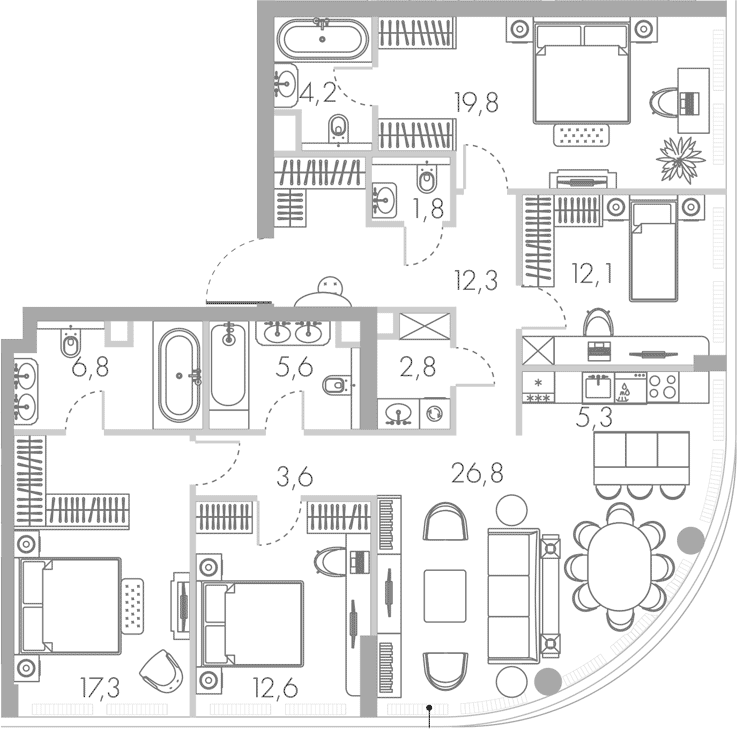 Планировка 5Е-к.кв 131 м² в ЖК «Ривер Парк Кутузовский», корпус Янтарь