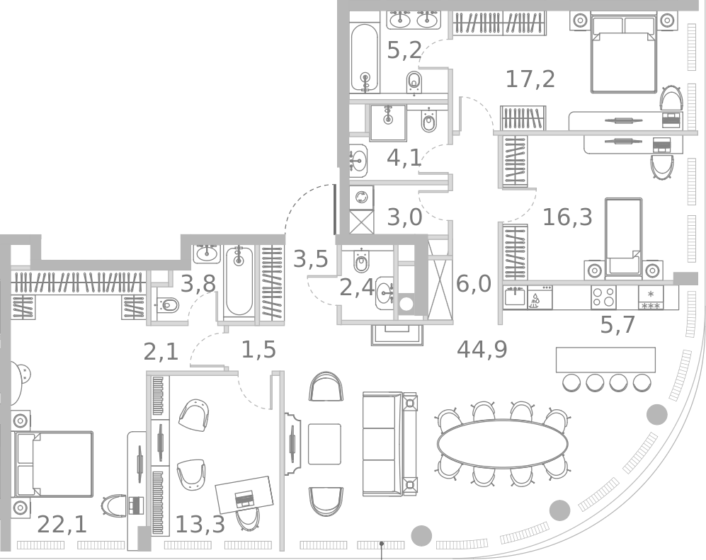 Планировка 5Е-к.кв 151.1 м² в ЖК «Ривер Парк Кутузовский», корпус Топаз