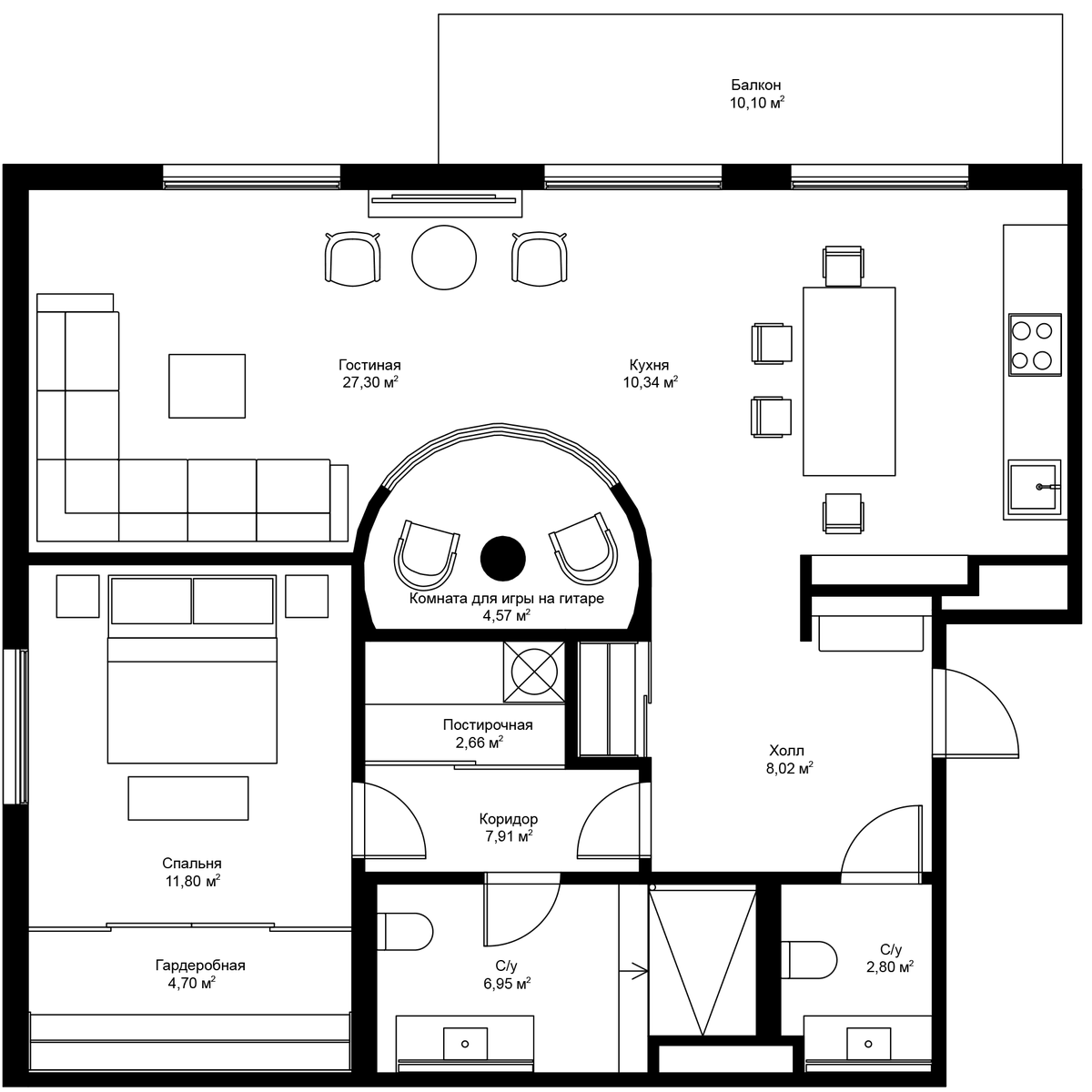 Планировка евродвушка (2Е) 91.4 м² в ЖК «River Residences», корпус 12