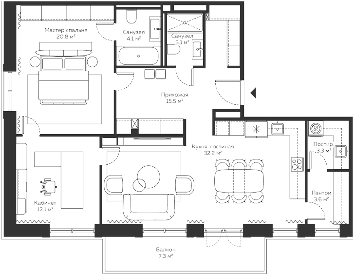 Планировка евротрёшка (3Е) 107.2 м² в ЖК «River Residences», корпус 14