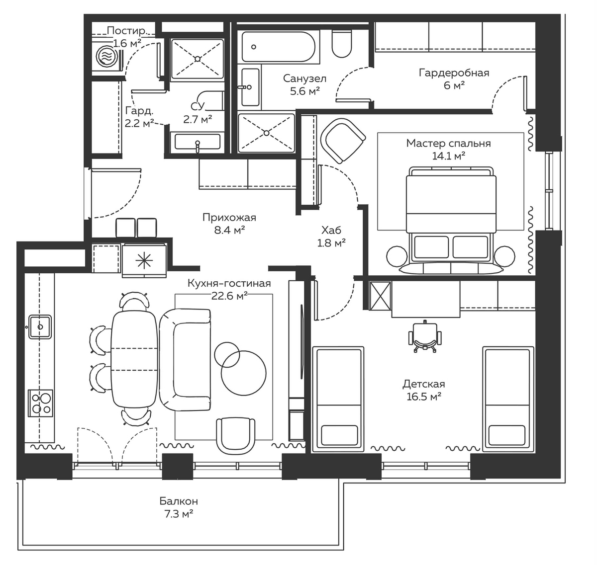 Планировка евротрёшка (3Е) 94 м² в ЖК «River Residences», корпус 13