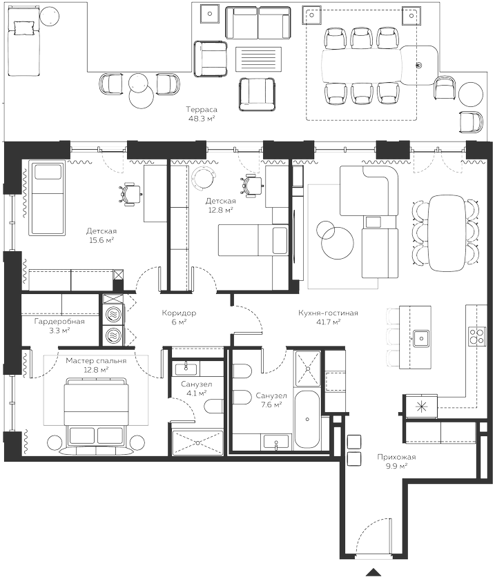 Планировка евро-4 (4Е) 119.6 м² в ЖК «River Residences», корпус 13