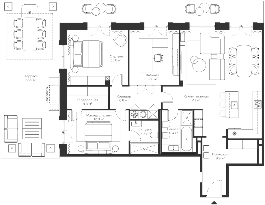 Планировка евро-4 (4Е) 120.2 м² в ЖК «River Residences», корпус 14
