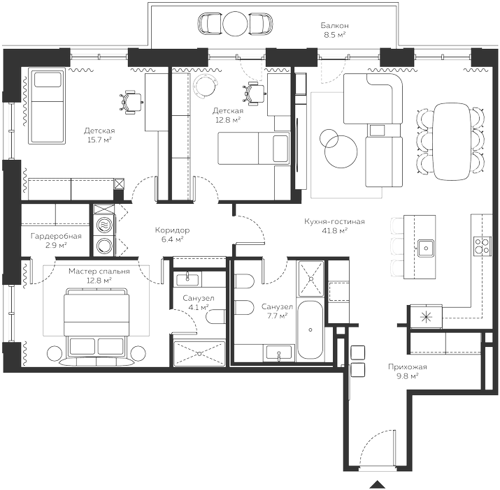 Планировка евро-4 (4Е) 128.1 м² в ЖК «River Residences», корпус 12