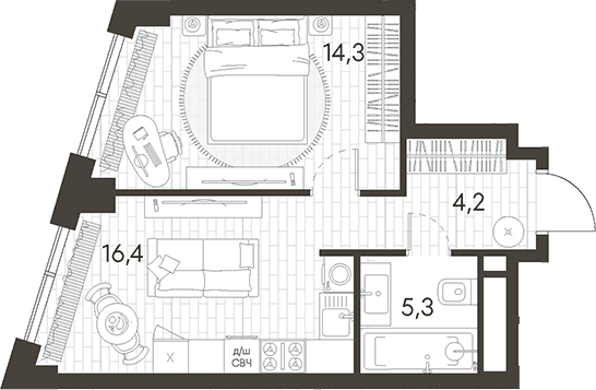 Планировка однокомнатная 40.2 м² в ЖК «Родина Парк», корпус 5