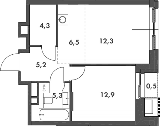 Планировка евродвушка (2Е) 47 м² в ЖК «Родина Парк», корпус 2