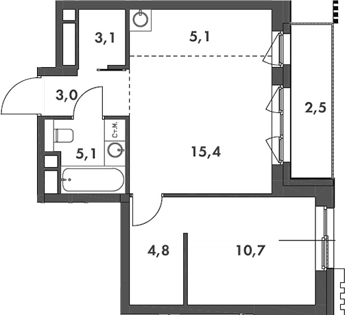 Планировка евродвушка (2Е) 49.7 м² в ЖК «Родина Парк», корпус 1