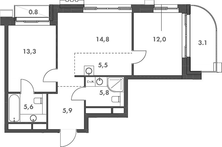 Планировка евротрёшка (3Е) 66.8 м² в ЖК «Родина Парк», корпус 3