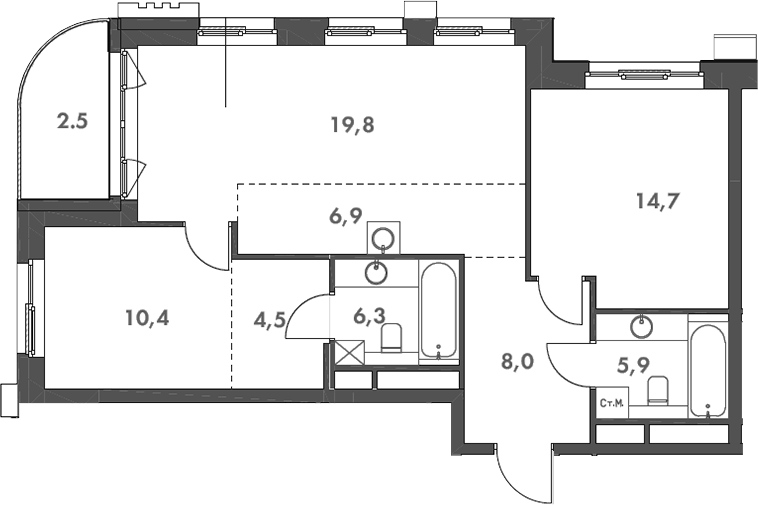 Планировка евротрёшка (3Е) 79 м² в ЖК «Родина Парк», корпус 3