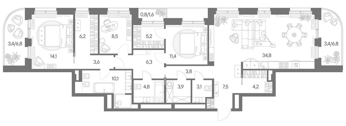 Планировка евро-4 (4Е) 135.1 м² в ЖК «Родина Парк», корпус 2