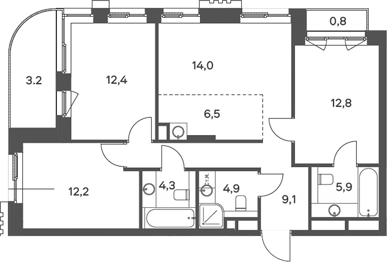 Планировка евро-4 (4Е) 86.1 м² в ЖК «Родина Парк», корпус 1