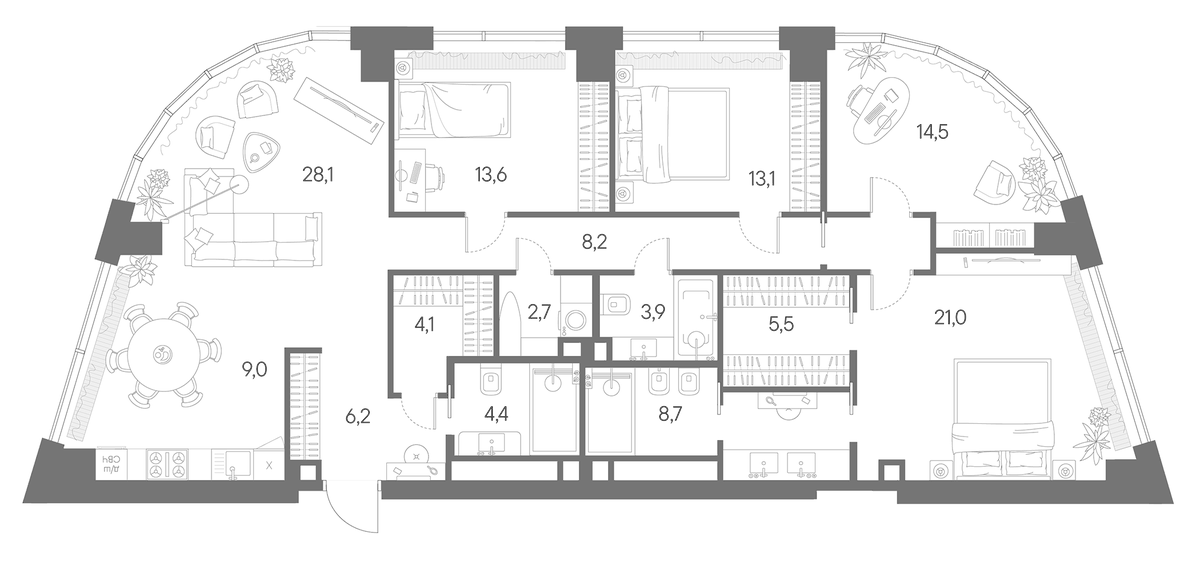 Планировка 5Е-к.кв 143 м² в ЖК «Родина Парк», корпус 5