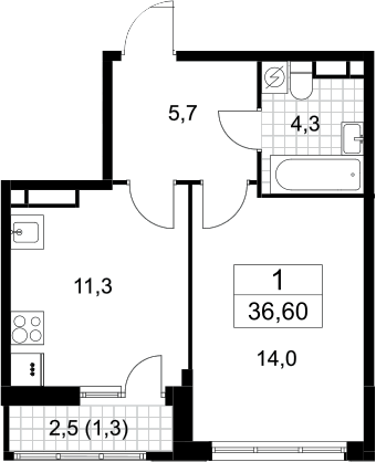 Планировка однокомнатная 36.6 м² в ЖК «Родные кварталы», корпус 3.2