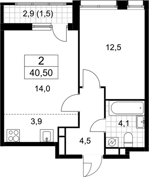 Планировка евродвушка (2Е) 40.5 м² в ЖК «Родные кварталы», корпус 1.2
