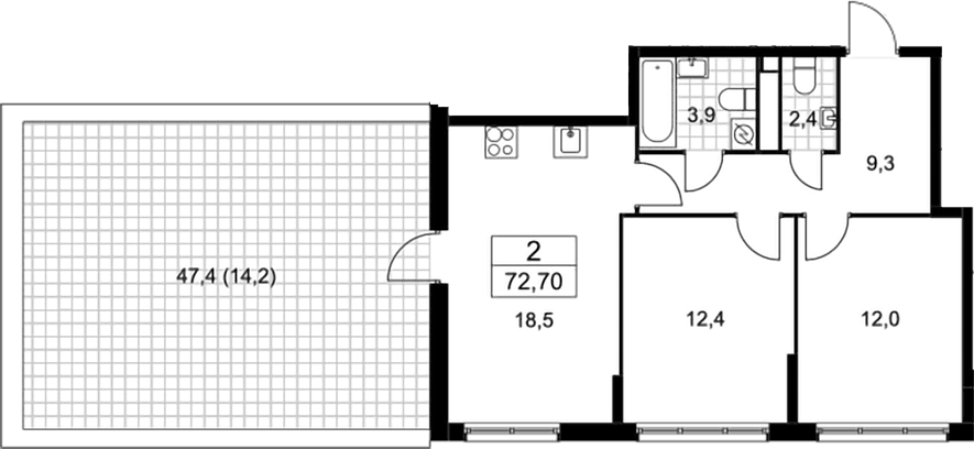 Планировка двухкомнатная 72.7 м² в ЖК «Родные кварталы», корпус 1.2