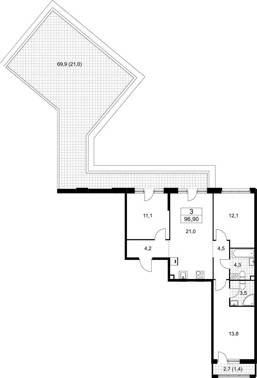 Планировка трёхкомнатная 96.9 м² в ЖК «Родные кварталы», корпус 3.1