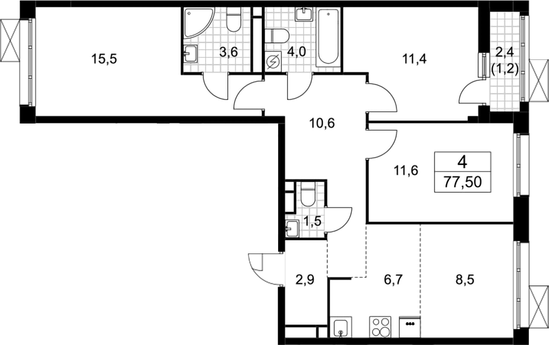Планировка евро-4 (4Е) 77.5 м² в ЖК «Родные кварталы», корпус 2