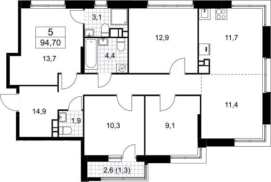 Планировка 5Е-к.кв 94.7 м² в ЖК «Родные кварталы», корпус 3.5