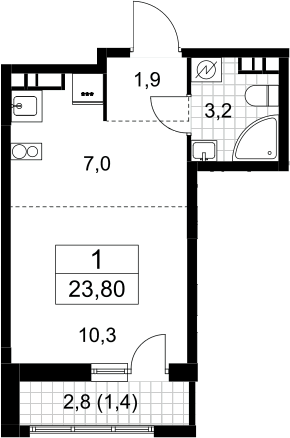 Планировка Студии 23.8 м² в ЖК «Родные кварталы», корпус 3.3