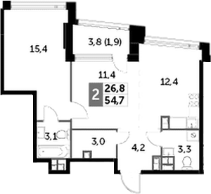 Планировка евродвушка (2Е) 54.9 м² в ЖК «Роттердам», корпус 2.3