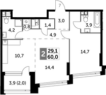 Планировка евродвушка (2Е) 60 м² в ЖК «Роттердам», корпус 2.3