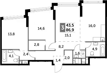 Планировка евротрёшка (3Е) 86.9 м² в ЖК «Роттердам», корпус 2.2